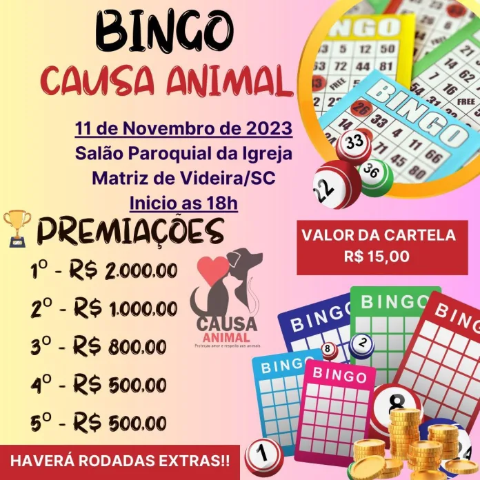 Causa animal realiza Bingo Beneficente no dia 11 de novembro