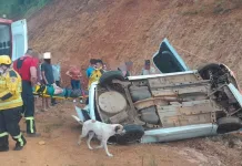 Carro cai de uma altura de aproximadamente 7 metros