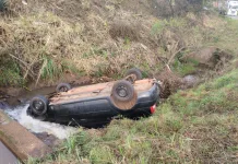 Carro com duas mulheres capota e cai em córrego