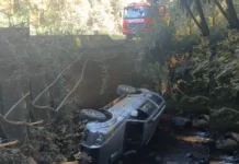 Veículo sai da pista e cai em rio em Salto Veloso