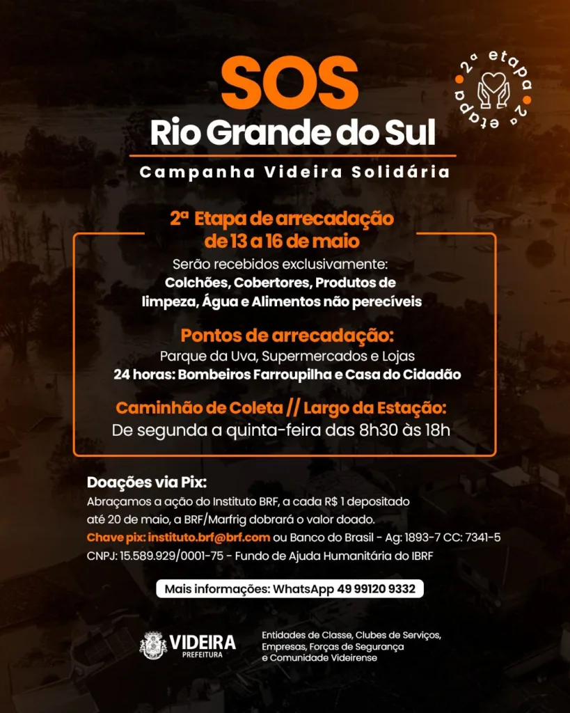 Videira organiza 2ª etapa da campanha SOS Rio Grande do Sul