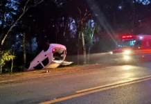 Mulher fica ferida após capotamento na BR-470