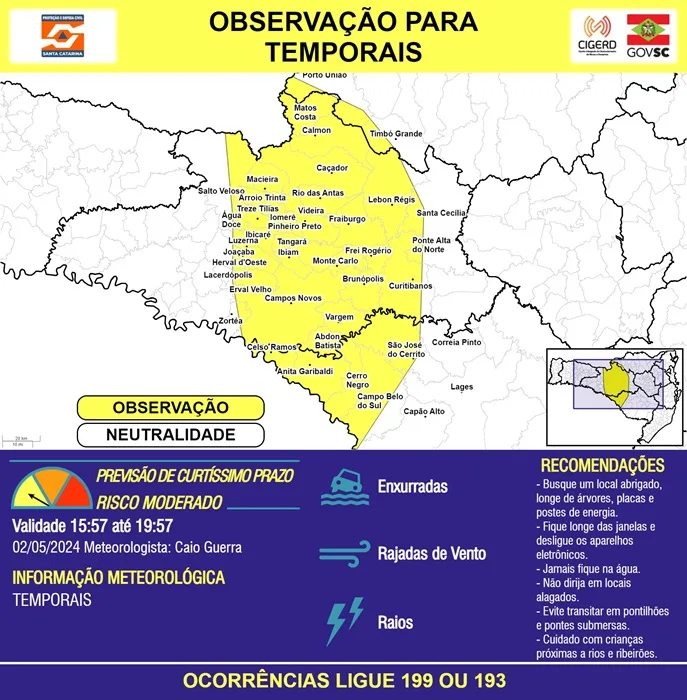 Defesa Civil de SC alerta para temporais nas próximas horas em 3 regiões