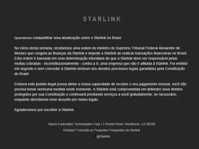 Starlink promete internet de graça e critica STF por bloqueio de contas