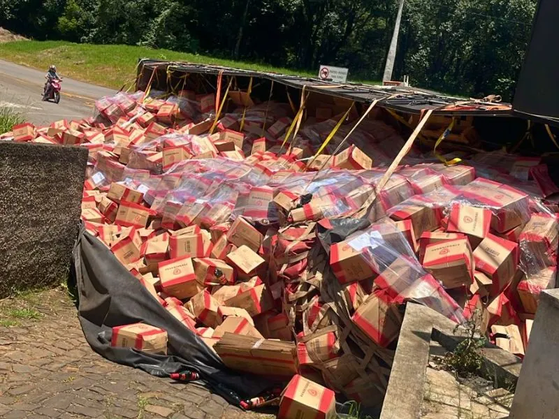 Caminhão carregado com vinho tomba ao acessar rotatória