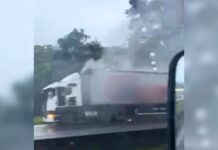 Carreta carregada com cervejas pega fogo na BR-376