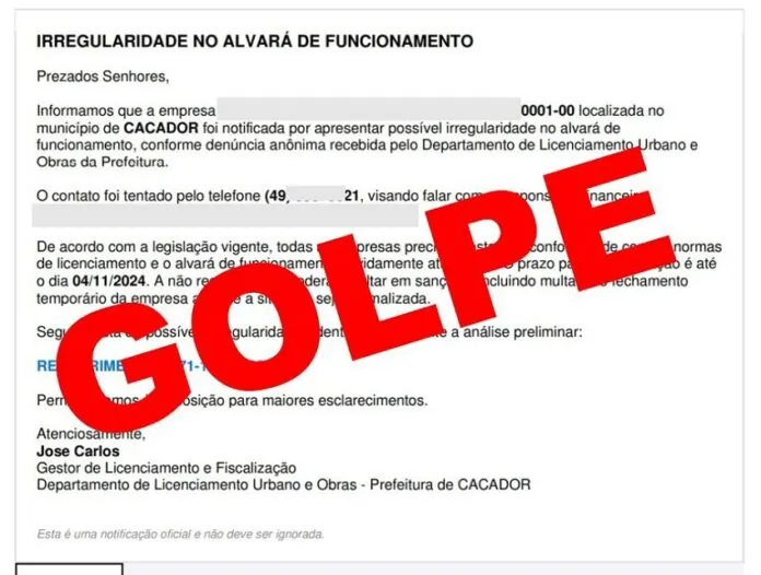 Contribuintes recebem mensagem sobre suposta irregularidade com o alvará de licença