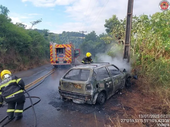 Carro bate em poste e pega fogo