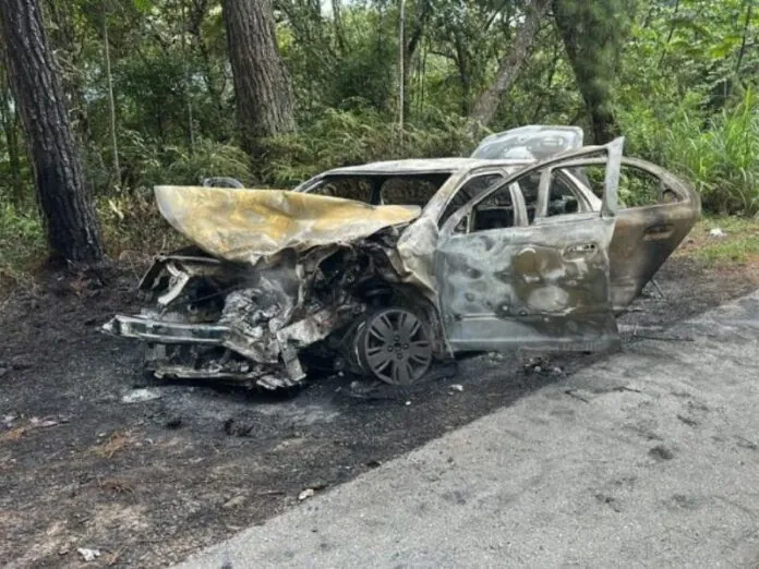 Carro é destruído por fogo após acidente em rodovia de SC