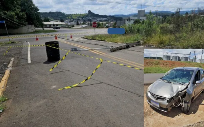 Carro derruba poste e motorista tenta fugir, mas é encontrado