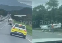 Avião faz pouso forçado em meio a carros e caminhões na BR-101