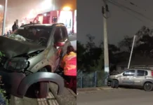 Carro com seis ocupantes colide em poste e deixa três feridos