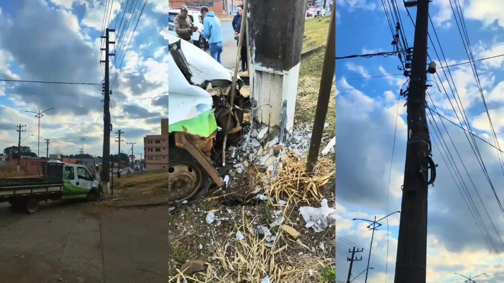 Caminhão atinge poste em Caçador e causa queda de fiação