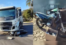 Dois acidentes entre moto e caminhão ocorrem quase ao mesmo tempo na SC-135