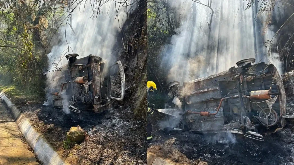 Motorista é salva por populares antes de carro ser destruído pelo fogo