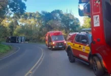 Caminhão de suínos tomba entre Arroio Trinta e Iomerê e deixa feridos