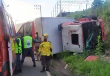 Caminhão perde freios e tomba no Meio-Oeste de SC, deixando dois feridos