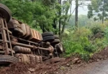 Caminhão com placa de Videira, carregado de suínos, tomba em estrada rural do Meio-Oeste
