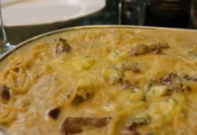 Receita de Espaguete com Filé Mignon e Queijos no Essência na Cozinha