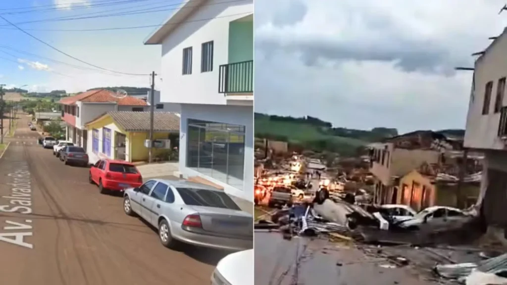 Imagens chocantes mostram Rio Bonito do Iguaçu antes e depois do tornado