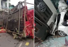 Caminhão carregado de frangos perde freios e provoca grave acidente em Herval d’Oeste