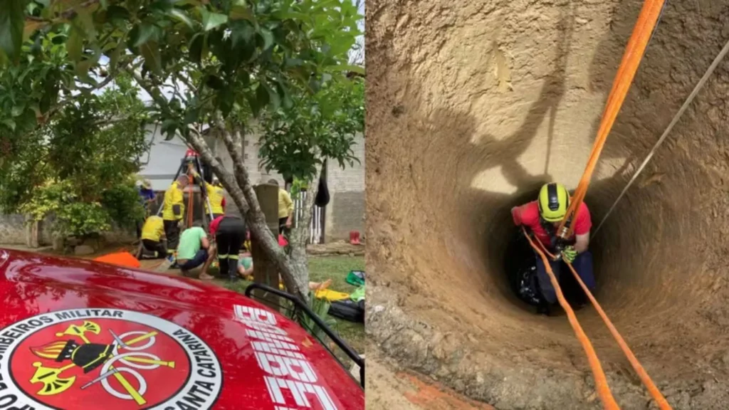 Mulher cai em poço, homem tenta ajudar, fica preso e ambos são resgatados pelos bombeiros