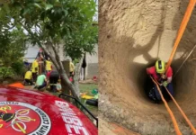 Mulher cai em poço, homem tenta ajudar, fica preso e ambos são resgatados pelos bombeiros
