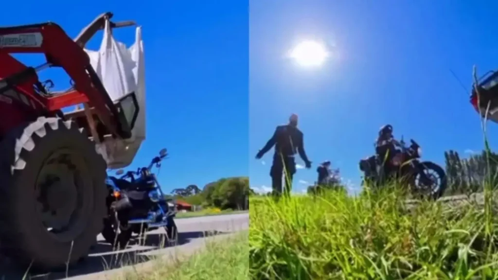 Motociclista enlouquece ao ver trator esmagar sua Harley-Davidson