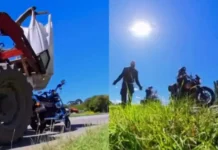 Motociclista enlouquece ao ver trator esmagar sua Harley-Davidson