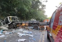 Motorista fica ferido após caminhão carregado de papel reciclado sair da pista e bater em barranco