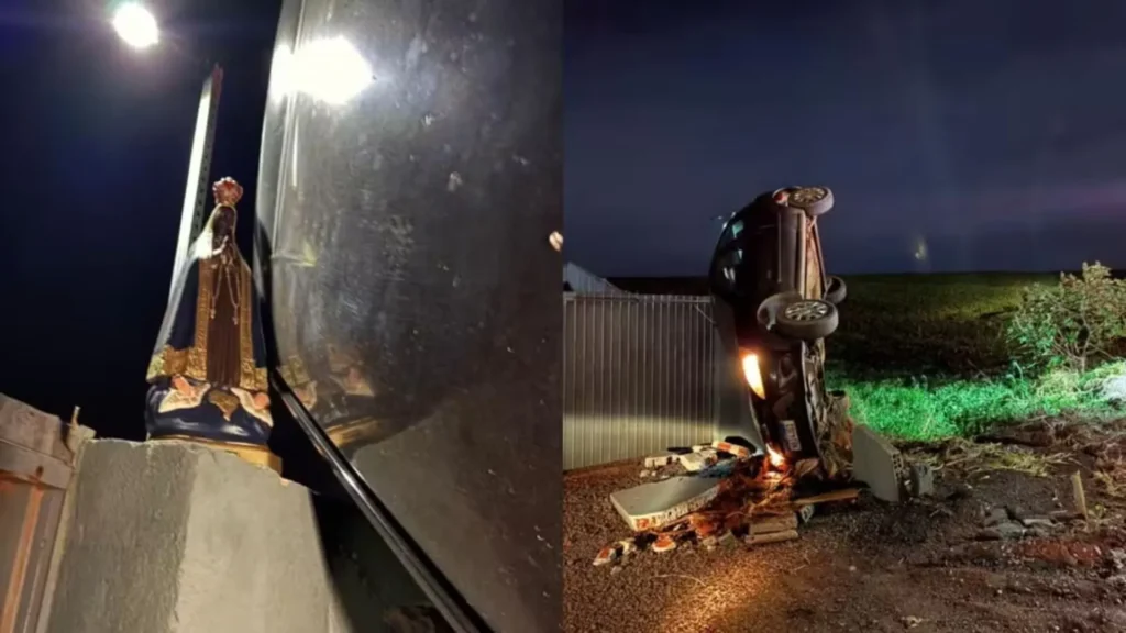 Carro capota e milagrosamente para aos pés de Nossa Senhora