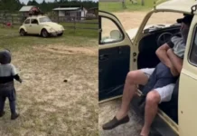 Avô percorre 600 km de Fusca para presentear neto no RS