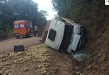 Caminhão com carga de frutas perde freios e tomba no interior de Tangará