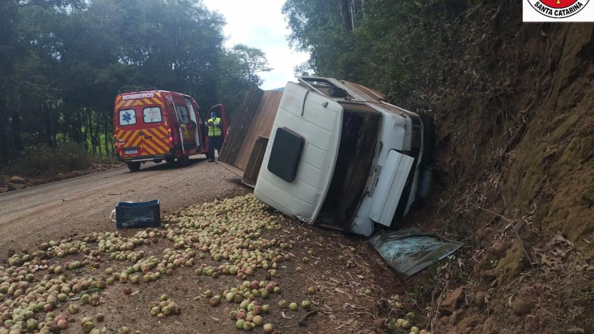 Caminhão com carga de frutas perde freios e tomba no interior de Tangará