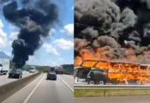 Vídeo: Ônibus pega fogo na BR-101 em Joinville nesta sexta-feira