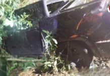 Caminhonete é arremessada para fora da pista após colisão na BR-282