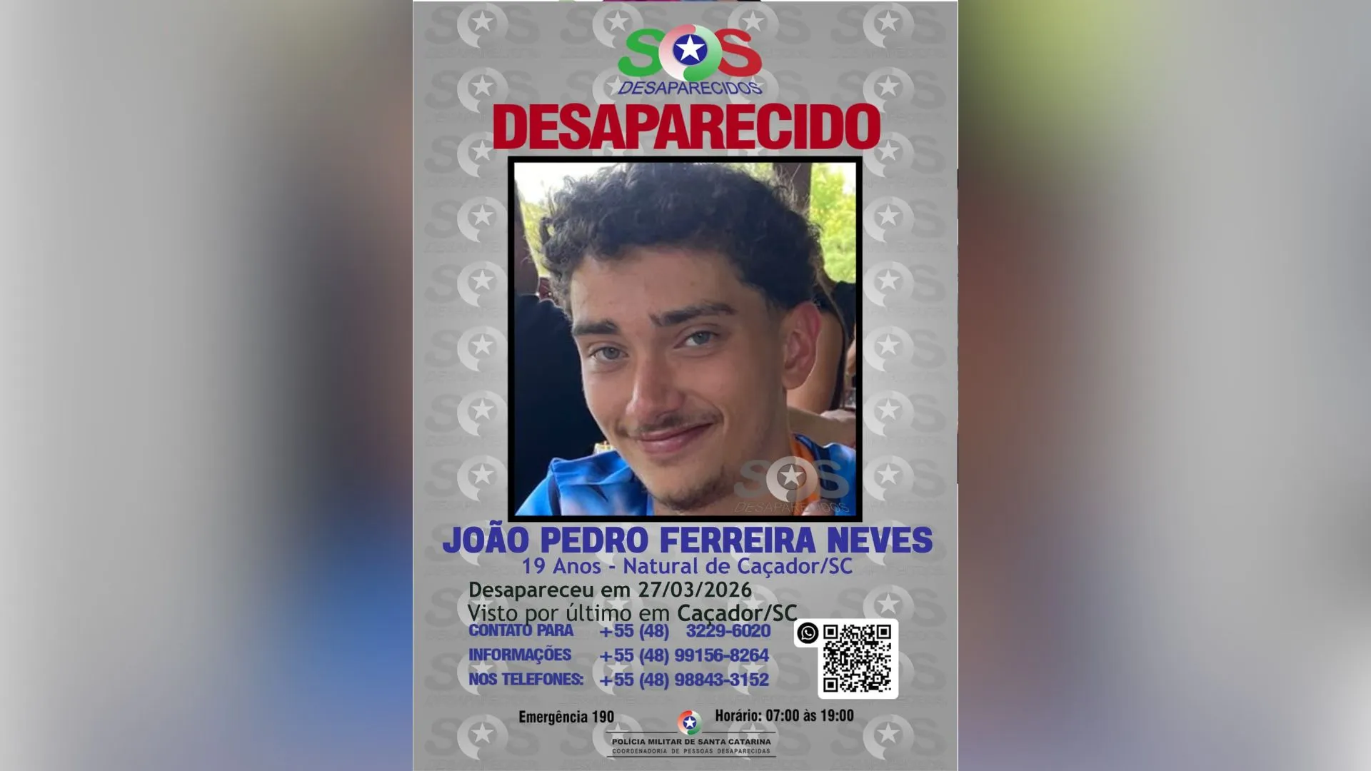 Caçadorense segue desaparecido e aparece nos avisos da Polícia Militar