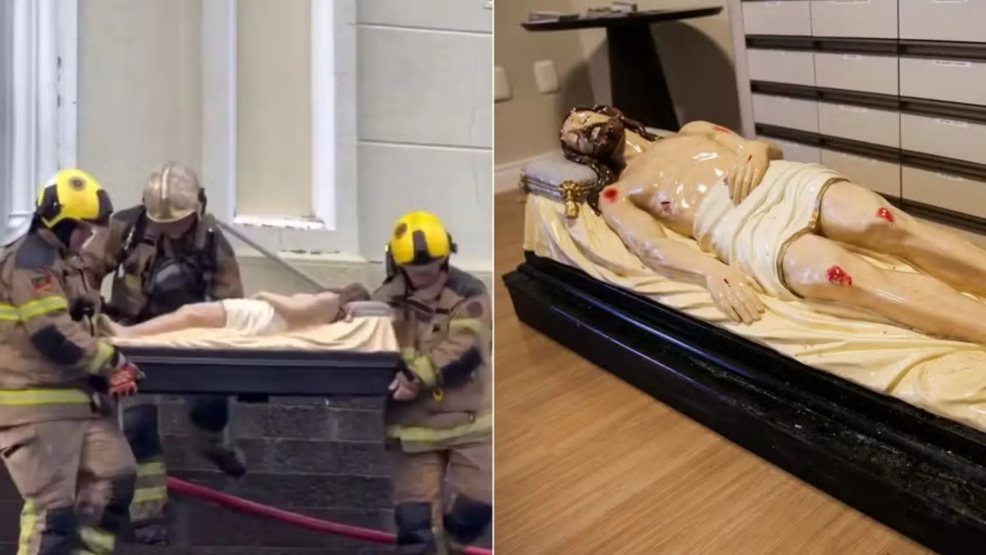 Imagem de Cristo Morto é retirada intacta após incêndio na igreja no RS