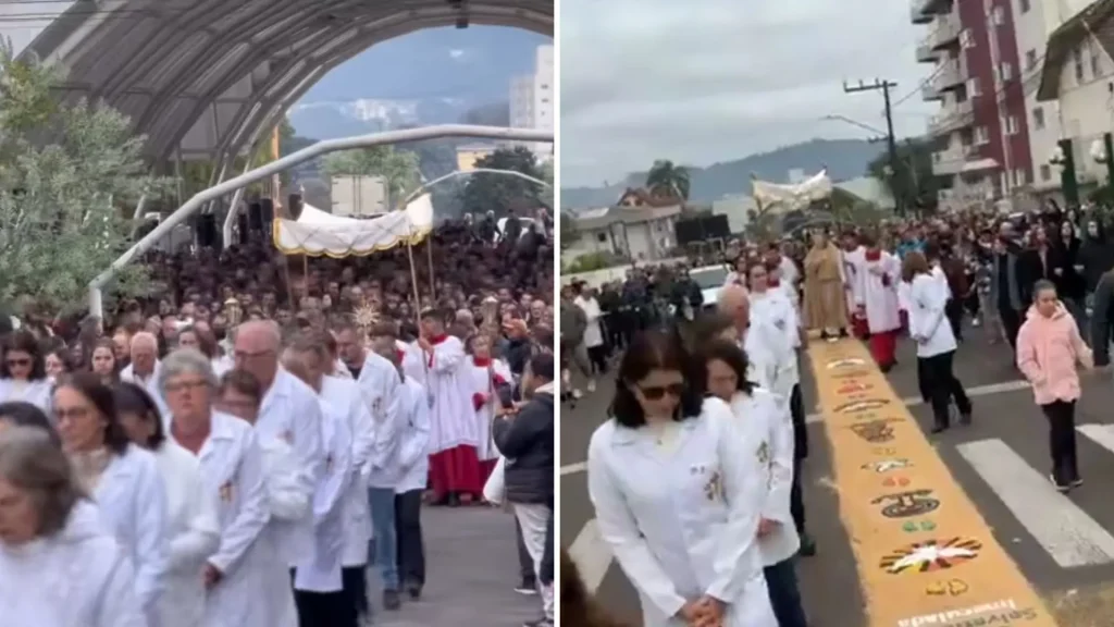 Corpus Christi reúne centenas de fiéis e mantém tradição dos tapetes coloridos em Videira