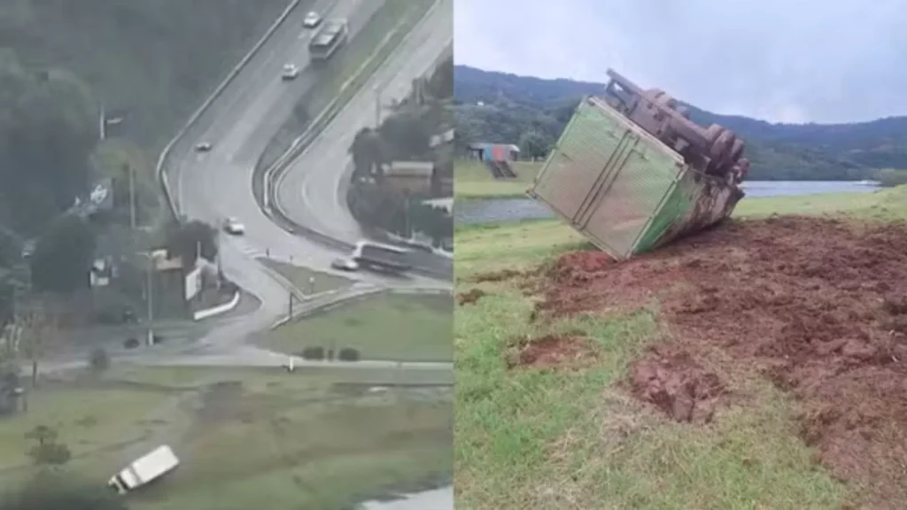 Motorista joga caminhão para fora da pista após pane nos freios e evita tragédia em SC