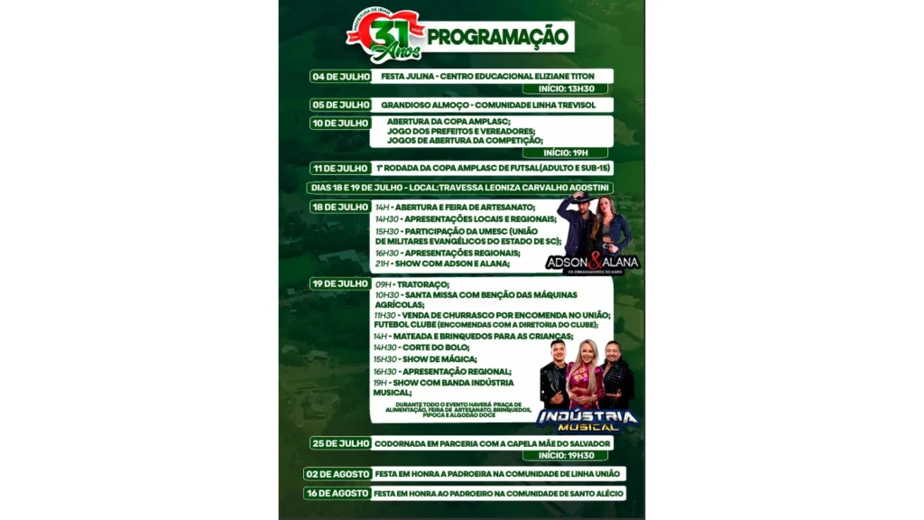 Confira as atrações que vão agitar as festividades dos 31 anos de Ibiam