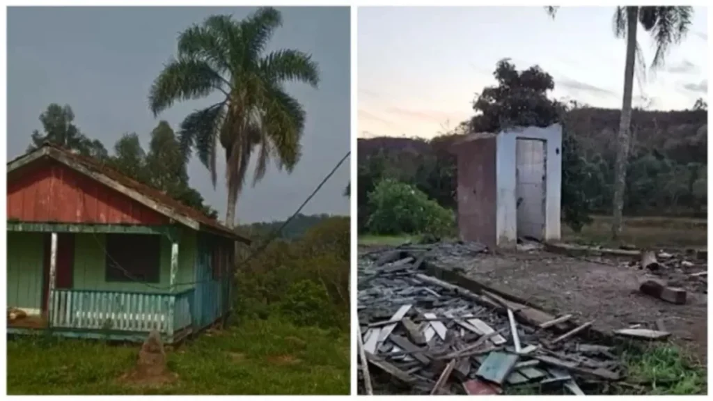 Criminosos desmontam casa de madeira e só deixam o banheiro para trás