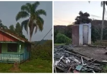 Criminosos desmontam casa de madeira e só deixam o banheiro para trás Criminosos desmontam casa de madeira e só deixam o banheiro para trás