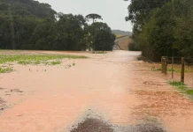 Tangará já acumula 75 mm de chuva e Rio Caçador sai do leito Tangará já acumula 75 mm de chuva e Rio Caçador sai do leito