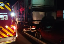 Jovem fica ferido após bater carro em caminhão carregado de suínos na BR-282 Jovem fica ferido após bater carro em caminhão carregado de suínos na BR-282