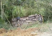 Ônibus escolar cai em ribanceira de 10 metros em SC e deixa crianças feridas Ônibus escolar cai em ribanceira de 10 metros em SC e deixa crianças feridas
