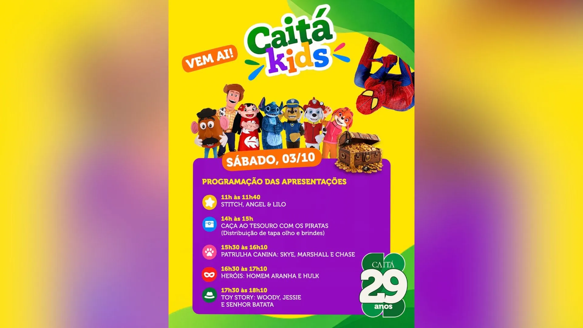 Caitá Supermercados comemora 29 anos com programação especial para crianças