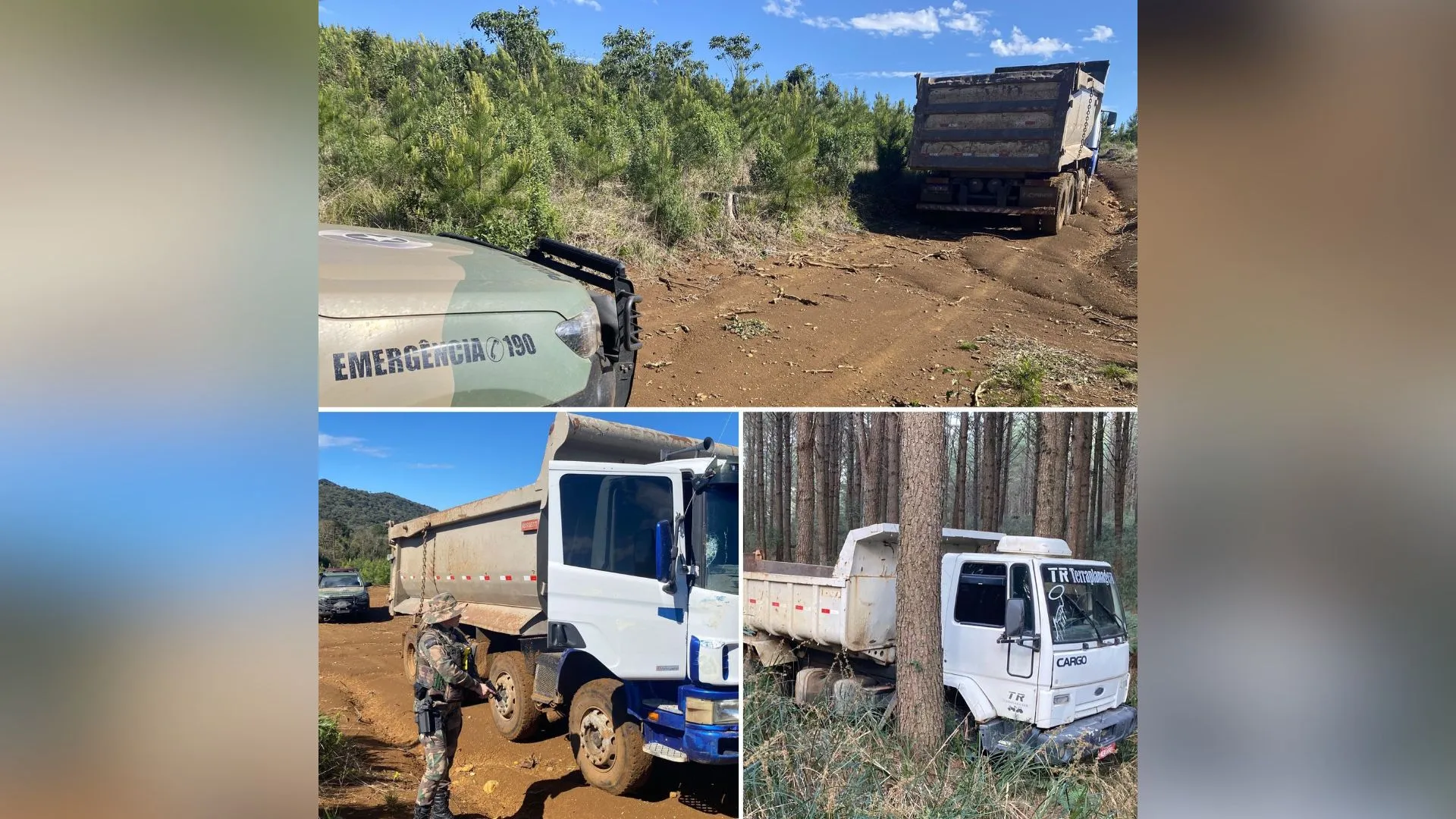 Polícia Militar Ambiental localiza dois caminhões furtados em área rural de Caçador
