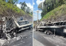 Incêndio em caminhão mobiliza Corpo de Bombeiros na SC-135 Incêndio em caminhão mobiliza Corpo de Bombeiros na SC-135