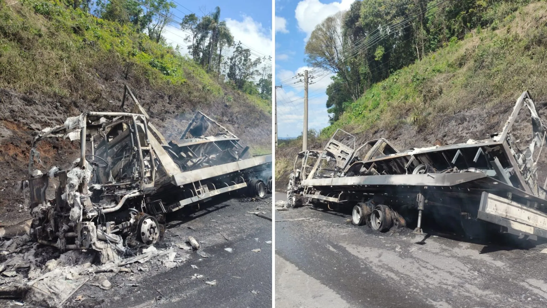 Incêndio em caminhão mobiliza Corpo de Bombeiros na SC-135